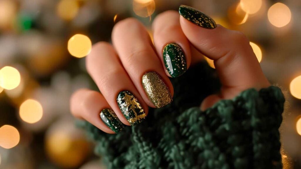 Elegantes uñas navideñas verdes con brillo dorado y detalles de árboles festivos.