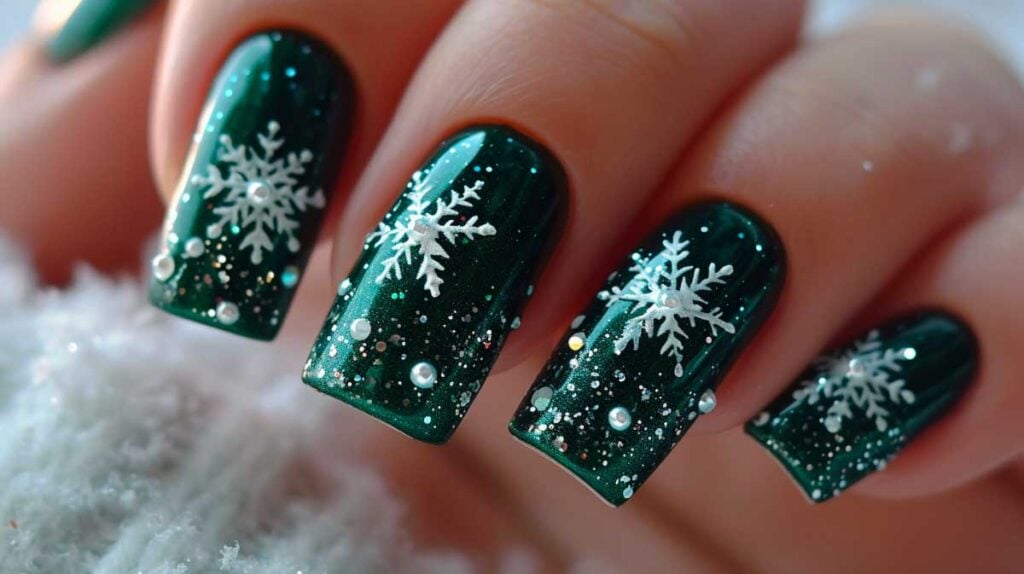 Brillantes uñas navideñas de color verde oscuro con detalles en copos de nieve blancos para las fiestas.