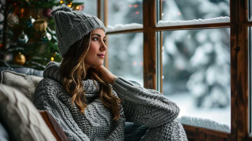 Mujer con traje de invierno tejido contemplando la nieve a través de la ventana, decoración festiva en el fondo.