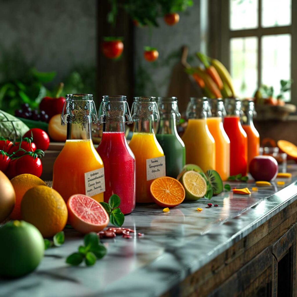 Fila de vibrantes botellas de jugo con etiquetas de beneficios para la salud entre cítricos y bayas frescas.