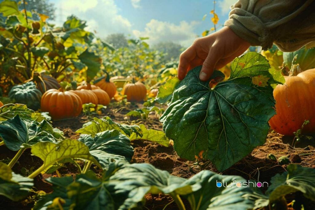 Inspección manual de una hoja de calabaza en un huerto de calabazas en un día soleado, con calabazas maduras al fondo.