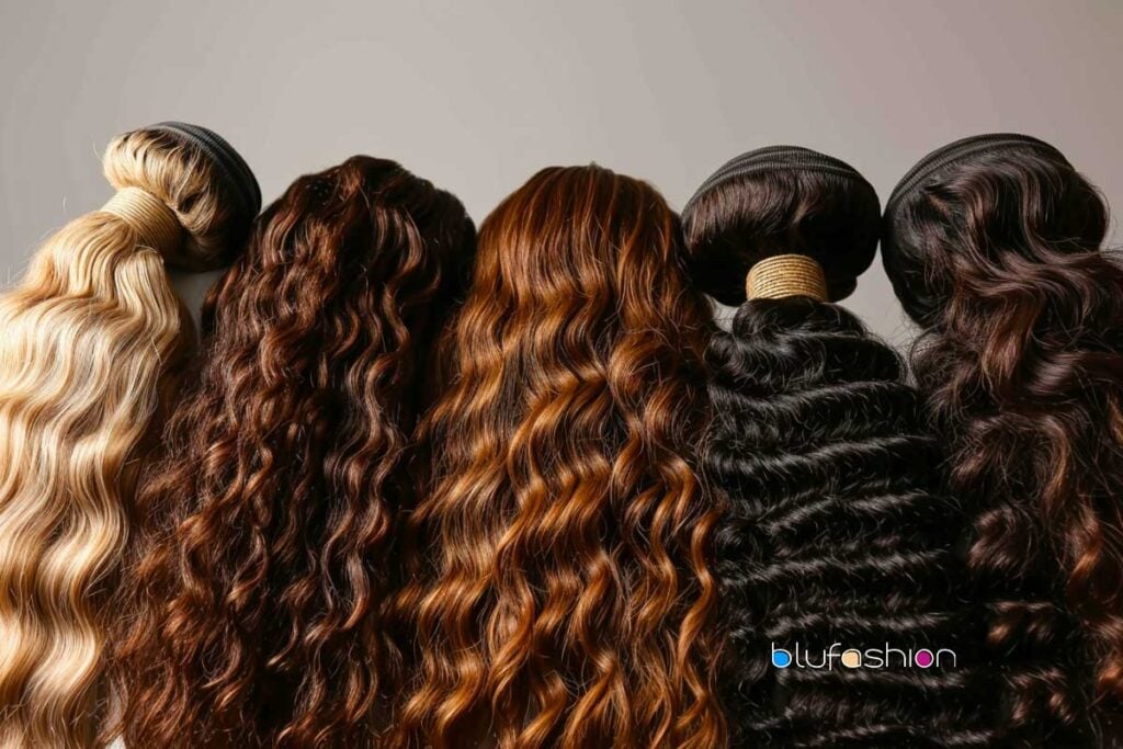 Una variedad de tejidos de cabello que muestran rizos y ondas rubios, marrones y negros.