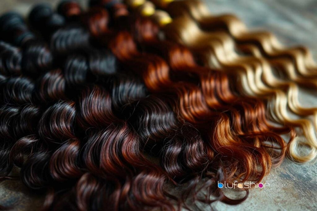 El cabello lujoso se teje en rizos en cascada de tonos negros, marrones y rubios.