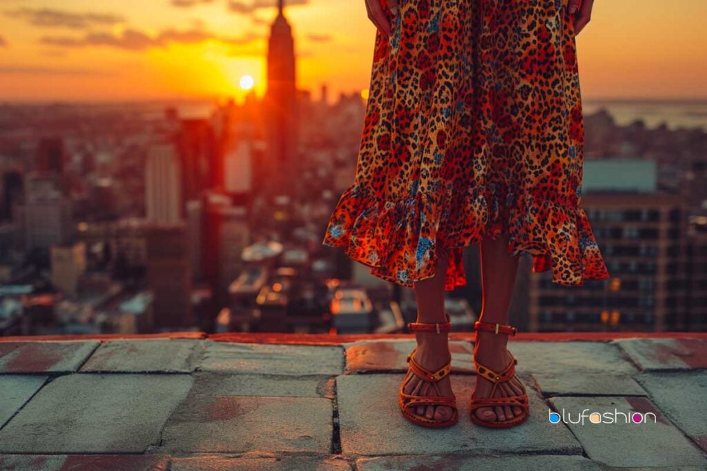 Mujer con vestido con estampado de leopardo y sandalias de tiras con vistas al horizonte de la ciudad al atardecer.