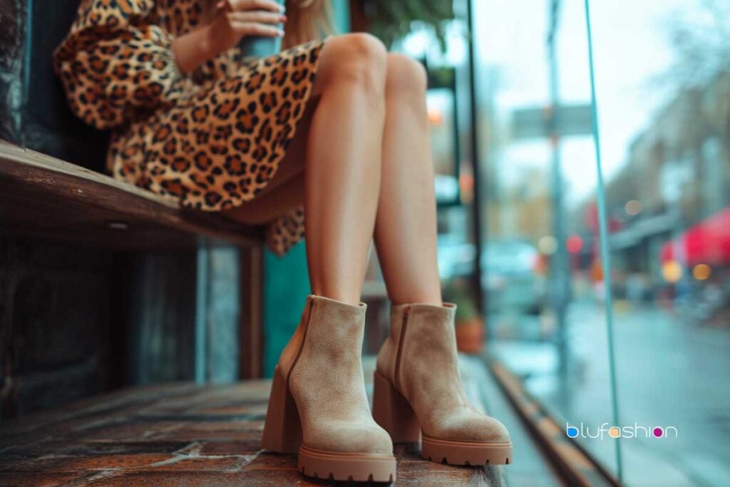 Elegantes botines beige que complementan un vestido con estampado de leopardo en un banco de la ciudad.