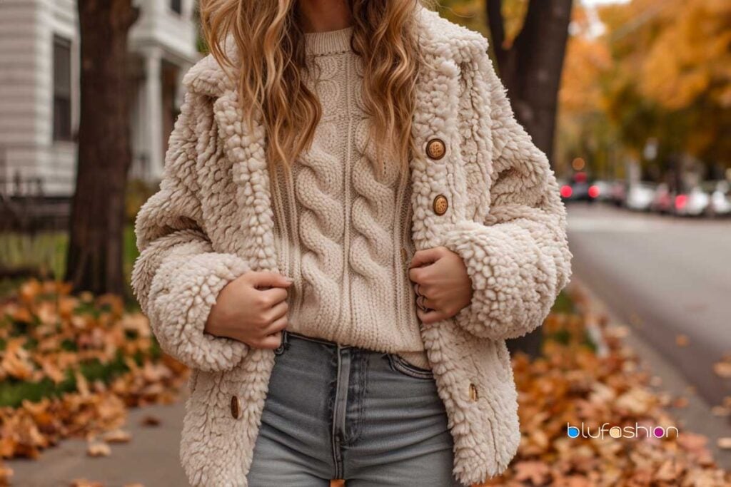 Conjunto de otoño que incluye una chaqueta de peluche, un suéter de punto grueso y jeans.