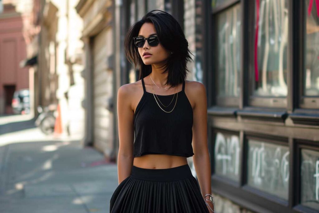 Estilo urbano moderno con top corto negro, falda plisada y gafas de sol.