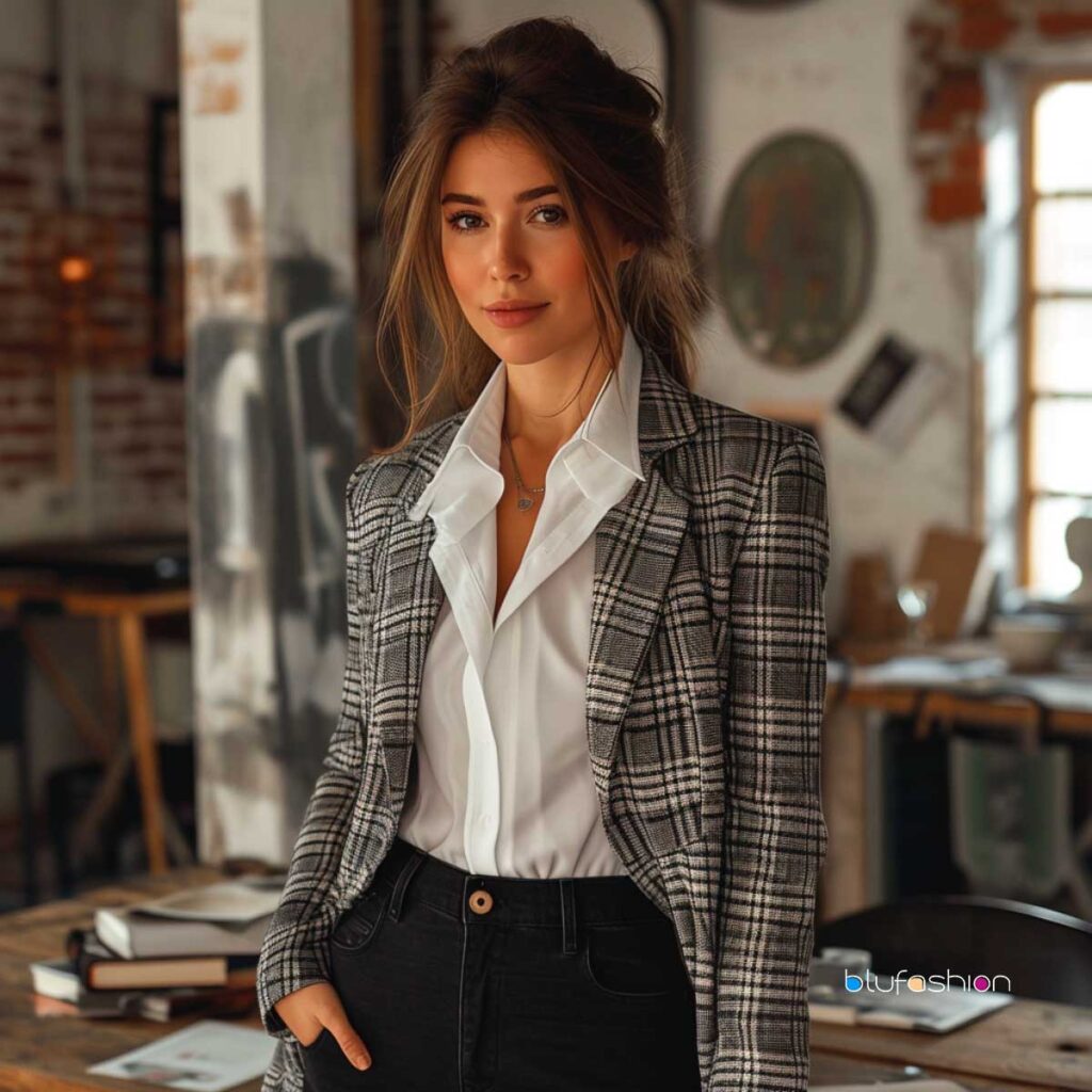 Domina el arte de la vestimenta profesional con una elegante chaqueta a cuadros en blanco y negro sobre una camisa blanca a medida.