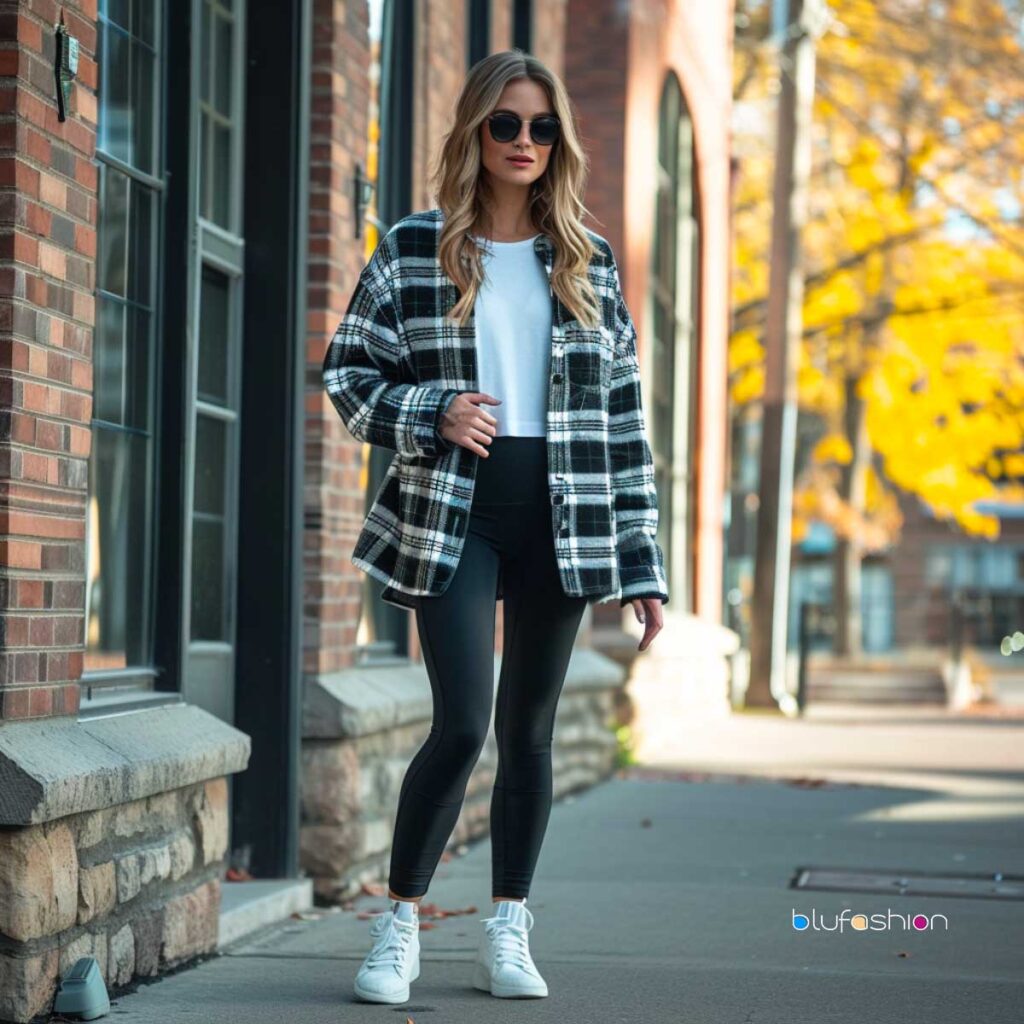 Ambiente elegante de ropa urbana con chaqueta a cuadros, leggings y zapatillas blancas en un paseo por la ciudad.