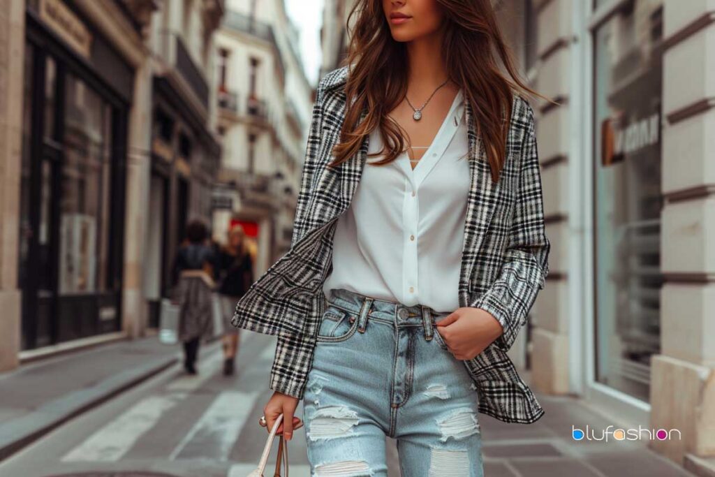 Look casual moderno con jeans desgastados y una elegante chaqueta blanca y negra