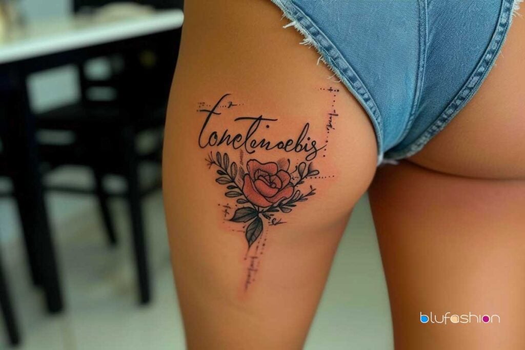 Tatuajes en el muslo con palabras: tatuaje floral en el muslo con una escritura elegante: inspiración de tinta atemporal.
