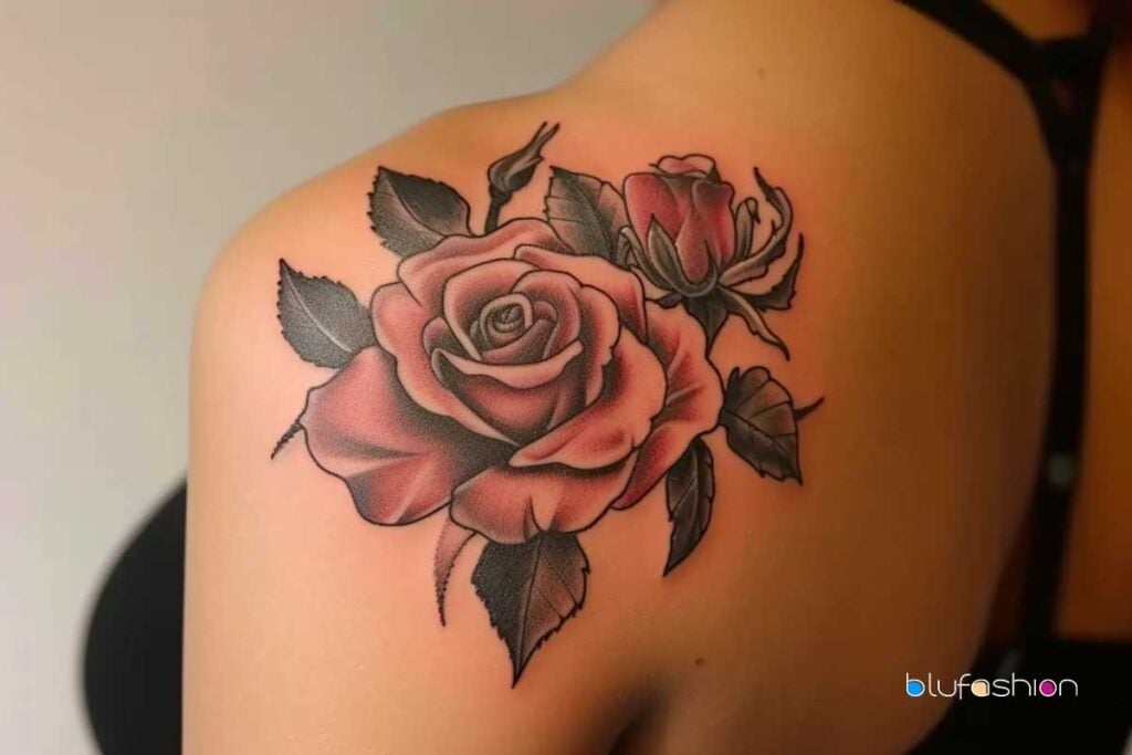 Tatuaje de rosa rosa bellamente sombreado en el hombro con intrincados detalles de hojas negras.