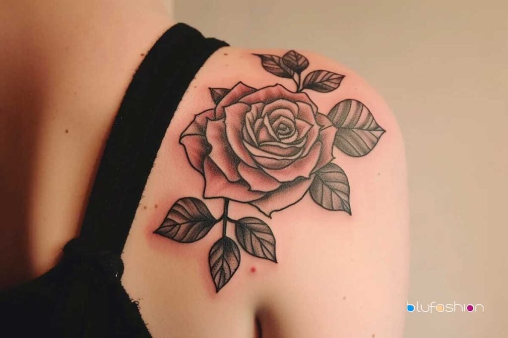 Impresionante tatuaje de rosa en el hombro con tonos rosados ​​y hojas negras detalladas sobre piel clara.