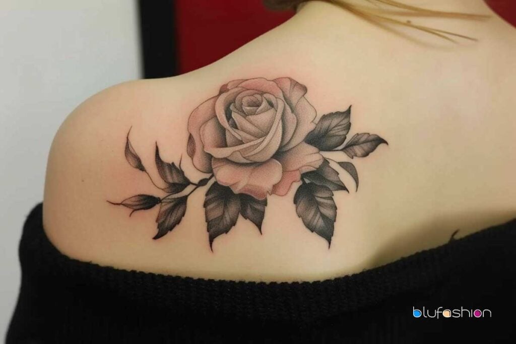 Elegante tatuaje de rosa en tonos rosa y gris en el hombro con hojas negras, contra ropa negra.
