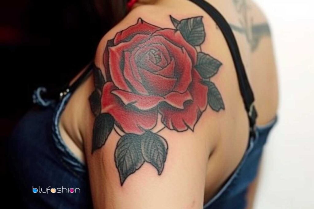 Tatuaje de una rosa roja exuberante en la parte superior del brazo con hojas de color verde intenso sobre un fondo de tiras de mezclilla.