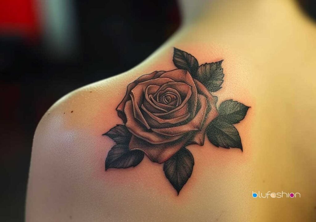 Tatuaje de una sola rosa grande con pétalos de color rosa intenso y hojas sombreadas en un hombro liso.