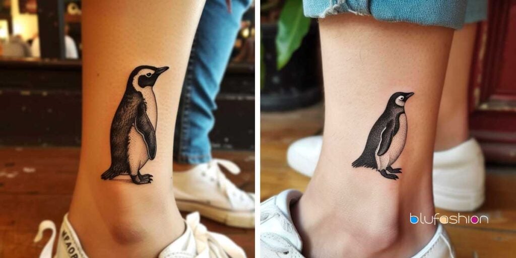 Dos estilos de tatuajes de pingüinos en los tobillos, uno de perfil y otro de frente.