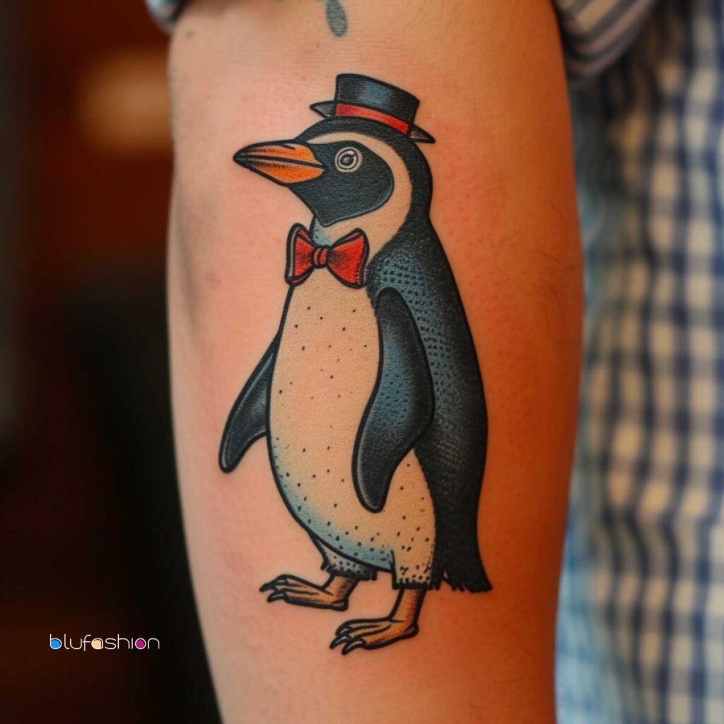 Tatuaje de pingüino de dibujos animados con sombrero de copa y pajarita en el brazo.