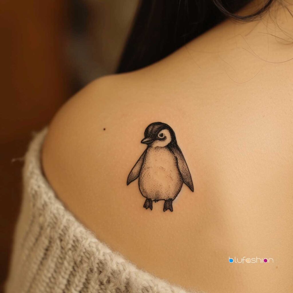 Adorable tatuaje de pingüino en la parte superior del brazo, que muestra un encantador contoneo.