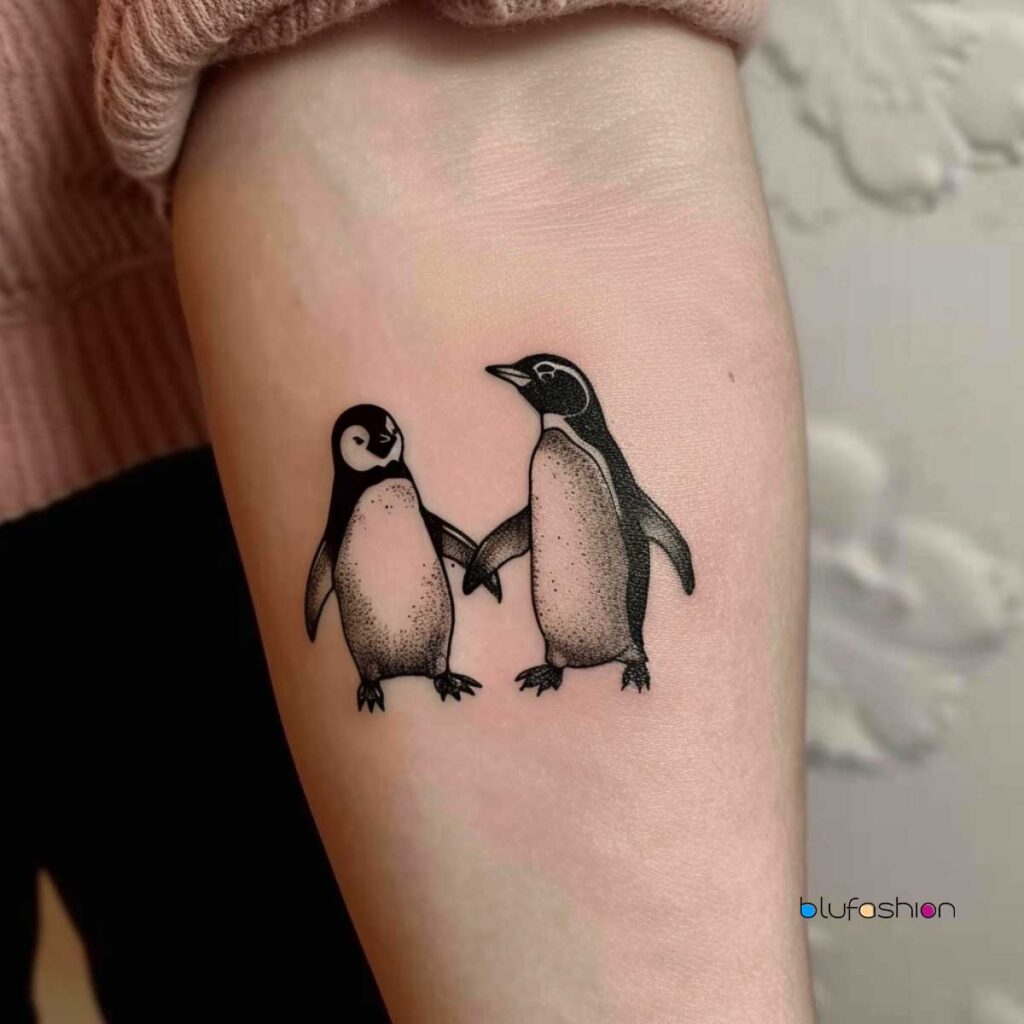 Tatuaje de pareja de pingüinos en el antebrazo.