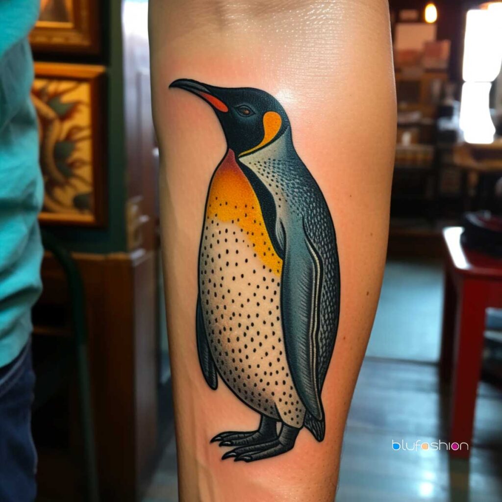Tatuaje de pingüino rey en el antebrazo.