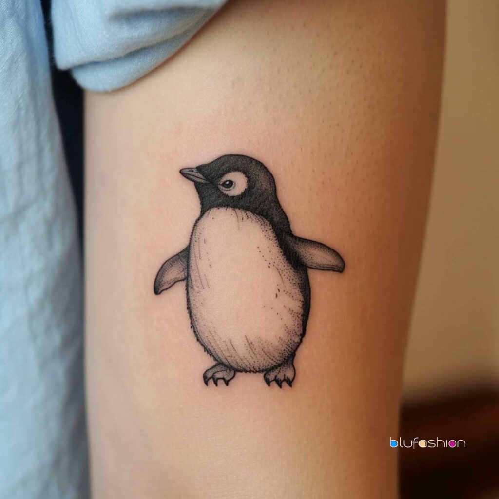 Tatuaje de pingüino bebé en la parte superior del brazo.