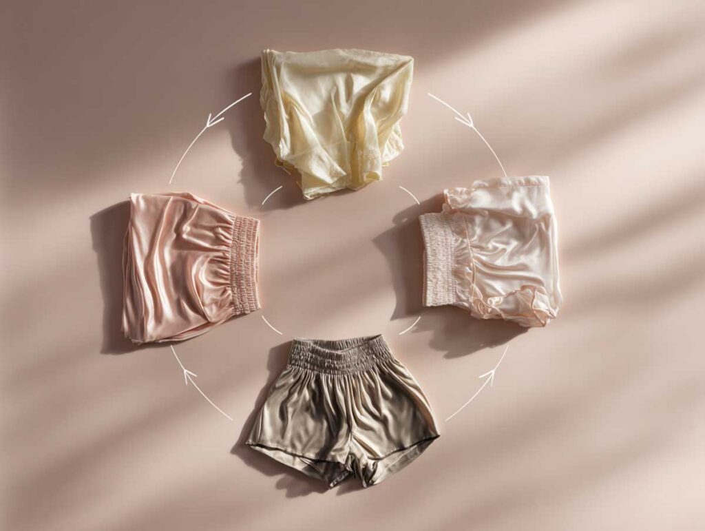 cuatro vestidos de deslizamiento cuidadosamente plegados en satén