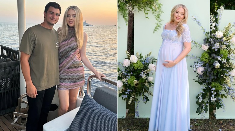 Tiffany Trump luciendo un vestido de verano junto a Michael Boulos, y con un vestido premamá azul