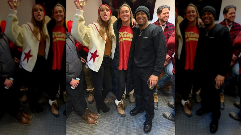 Taylor Swift, Kylie Kelce y Aric Jones sonriendo