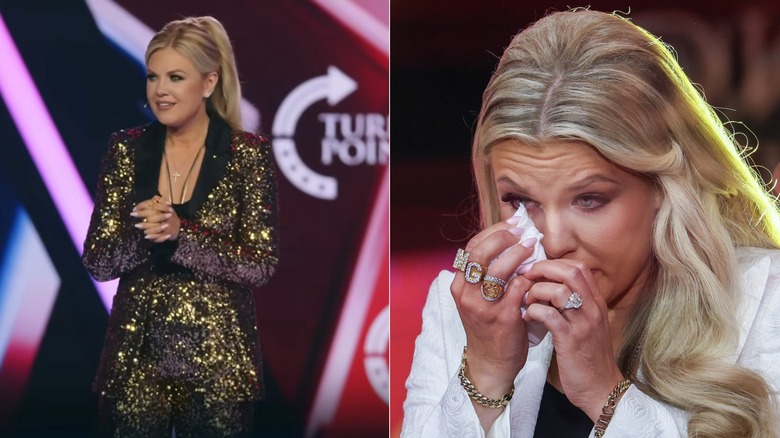 Erika Kirk con un traje dorado y un primer plano de sus anillos