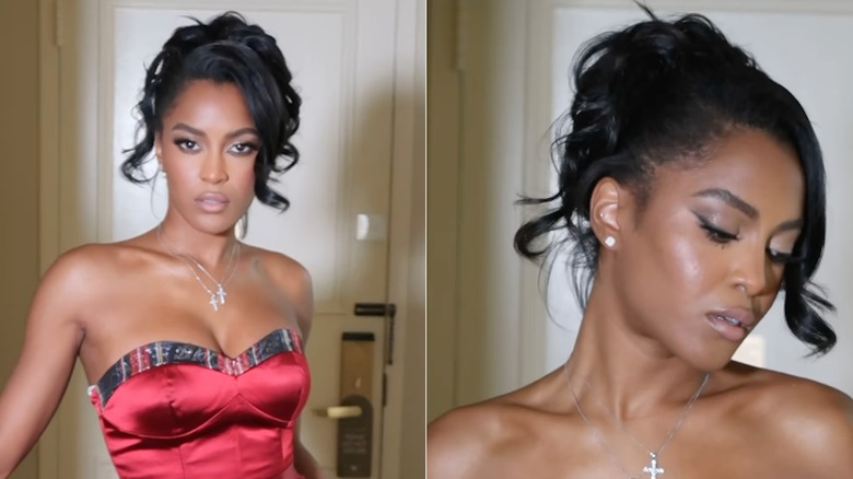 Ciara Miller posando con cabello rizado en un glamoroso recogido