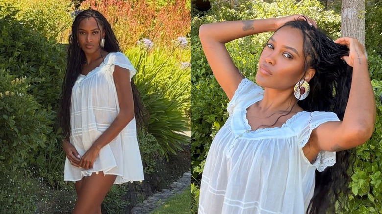Ciara Miller posando con largas trenzas con un vestido blanco
