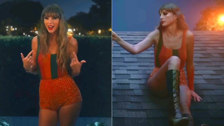 Taylor Swift usa una camiseta sin mangas con rayas de arco iris, mini shorts naranjas cubiertos de diamantes de imitación y un par de botas de piel de serpiente verdes y negras. Su cabello está suelto y ondulado, con flequillo despuntado.