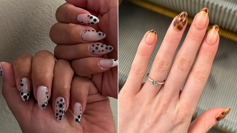 Una manicura con estampado dálmata y una manicura de guepardo francés con una uña decorativa.