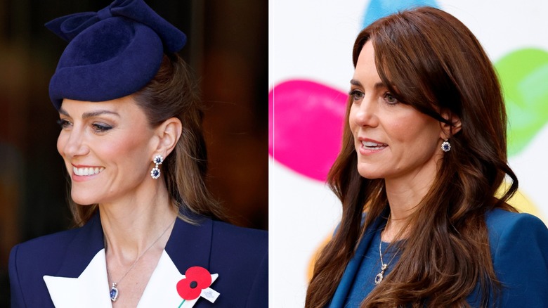 Kate Middleton usa aretes de zafiro de doble gota y aretes de zafiro simple en apariciones públicas