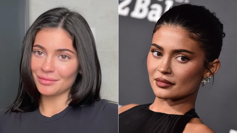 Al lado de Kylie Jenner con y sin cejas naturales. Izquierda: las cejas de Jenner son de color marrón oscuro y llenas, con un ligero arco. Derecha: las cejas de Jenner están rellenas con un lápiz de cejas de color marrón oscuro.