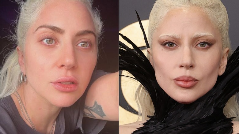 Al lado de Lady Gaga con las cejas hechas en diferentes estilos. A la izquierda, lleva sus cejas marrones naturales, que tienen un arco suave. A la derecha, luce cejas rubias platino que combinan con su cabello.
