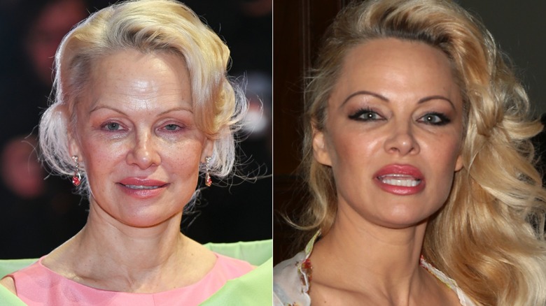 Al lado de Pamela Anderson con y sin cejas. Izquierda: Anderson sin maquillaje, sus cejas son muy finas y de color claro. Derecha: Anderson tiene la cara llena de maquillaje. y sus cejas son muy finas y están dibujadas con un lápiz de cejas de color marrón oscuro.