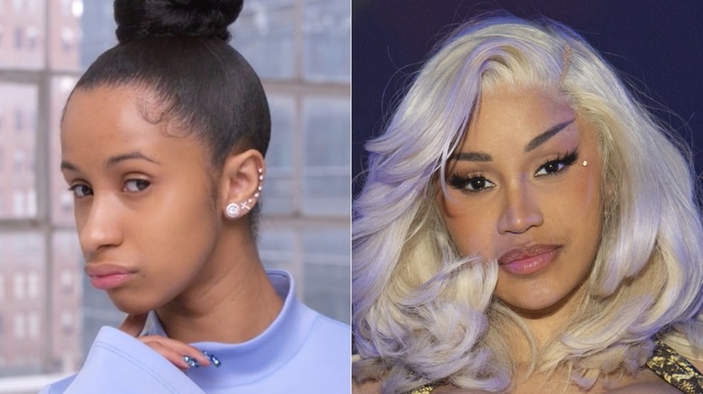 Lado a lado de Cardi B con y sin maquillaje. Izquierda: las cejas de Cardi son oscuras y tienen un arco muy leve y una cola pequeña. Derecha: las cejas de Cardi tienen una gran inclinación hacia arriba y están llenas de oscuridad.
