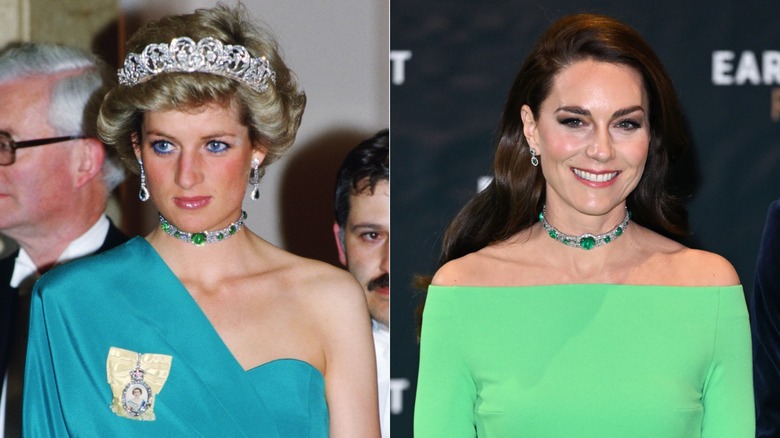 La princesa Diana y Kate Middleton con una gargantilla de diamantes verdes