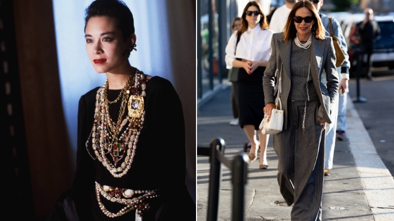 Tina Chow con collares en capas y un cinturón de cadena en el 84, y una mujer en Milán con una interpretación moderna