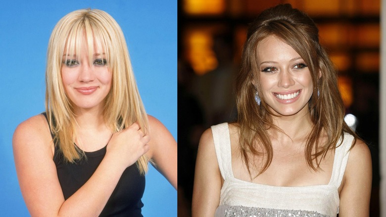 Imagen dividida de Hilary Duff como rubia a la izquierda y morena a la derecha.