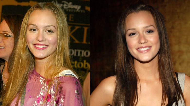 Imagen dividida de Blond Leighton Meester como rubia a la izquierda y morena a la derecha.