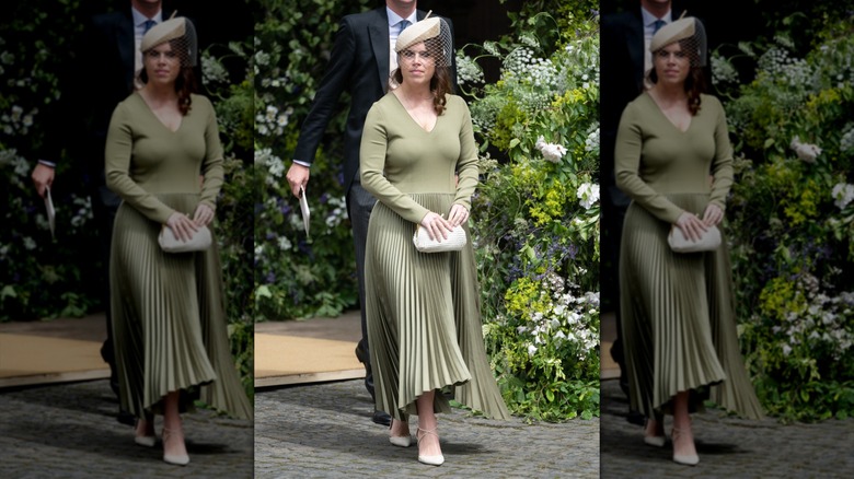 La princesa Eugenia con un vestido verde oliva en la boda del duque de Westminster