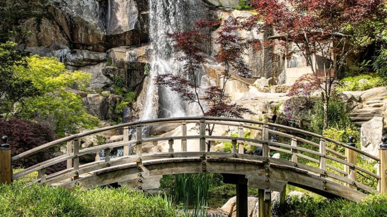 Puente arqueado de piedra delante de una cascada con árboles podados rojos y verdes Jardín japonés Maymont
