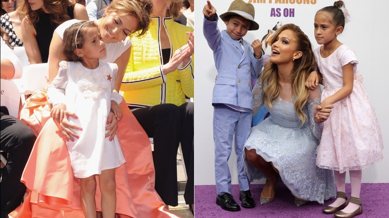 Imagen dividida de Emme Muñiz con un vestido blanco a la izquierda y un vestido rosa a la derecha.
