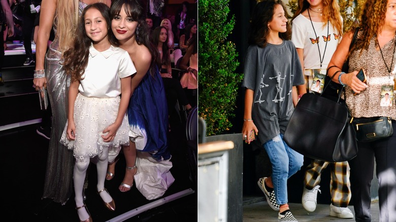 Imagen dividida de Emme Muñiz con un conjunto blanco a la izquierda y con jeans y una camiseta a la derecha.