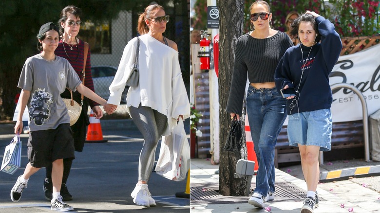 Imagen dividida de Emme Muñiz caminando con su mamá vistiendo una camisa holgada y pantalones cortos a la izquierda, y un suéter azul y pantalones cortos de mezclilla a la derecha.