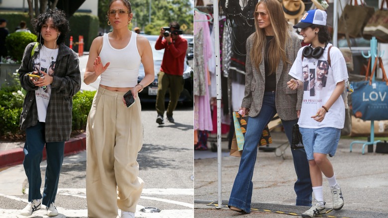 Imagen dividida de Emme Muñiz con su mamá vistiendo jeans y camisa a cuadros a la izquierda, y gana una camisa holgada, pantalones cortos y audífonos a la derecha.