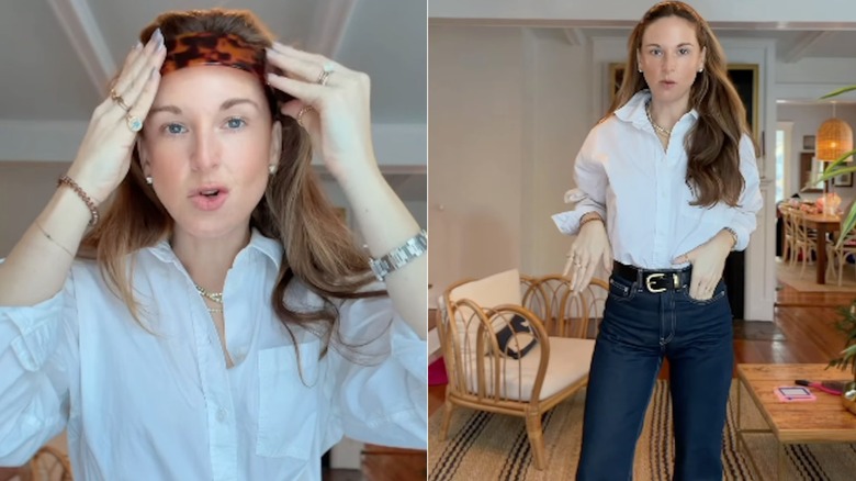 Una mujer probándose una diadema de carey con unos vaqueros y una camisa blanca.